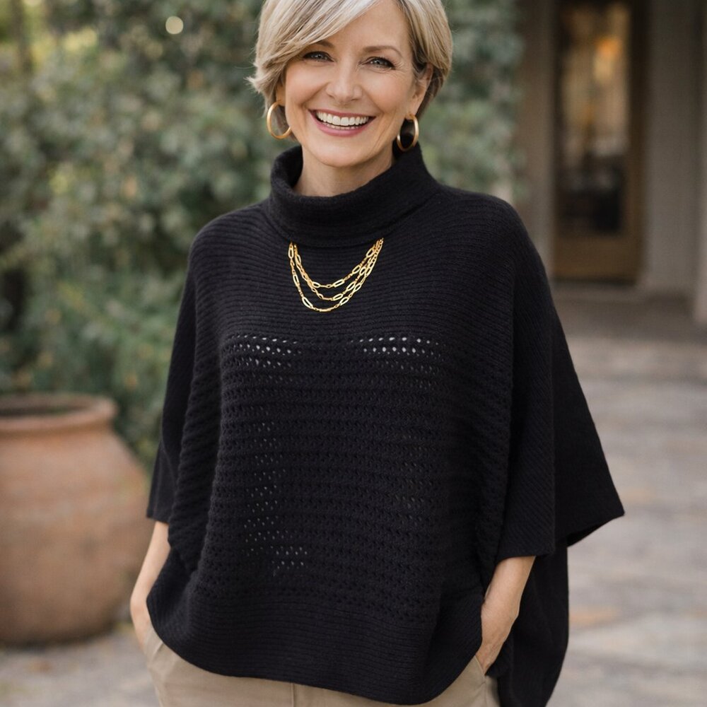 Chico's Wool Blend Poncho Sweater Women’s 4 Black Knit Mock Neck Dolman Sleeve